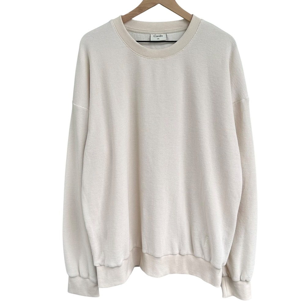Comfrt Waffle Knit Long Sleeve Shirt 2XL Cream Crewneck Pullover Unisex